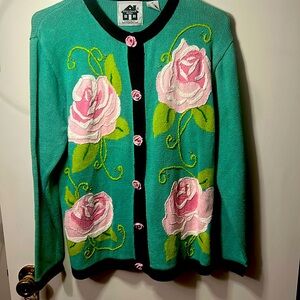 Storybook Knits Embroidered & 3-D Rose Vine Cardigan | Size Medium